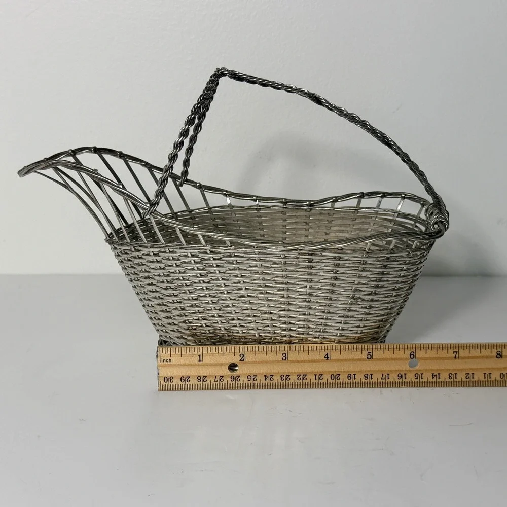 Vintage Japan Silver Plate Woven Wire Wine Bottle Basket Holder Braided Handle